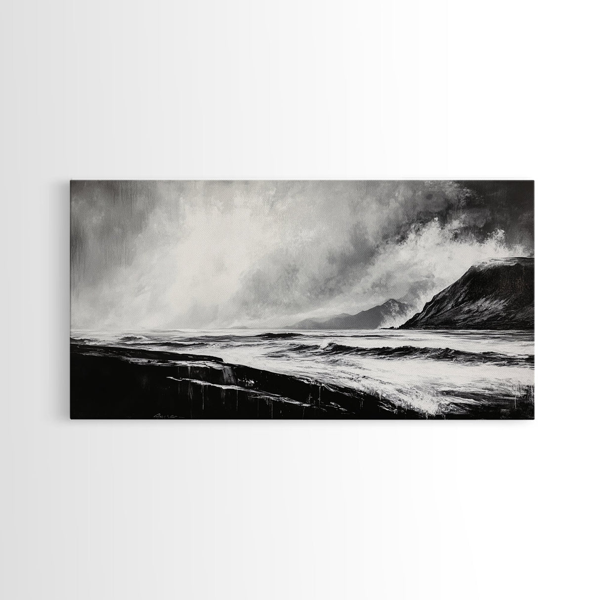Monochrome Seascape, Dramatic Waves, Stormy Ocean, Modern Wall Art, Black and White Painting, Living Room Art, Framed Canvas Print, Gift Idea