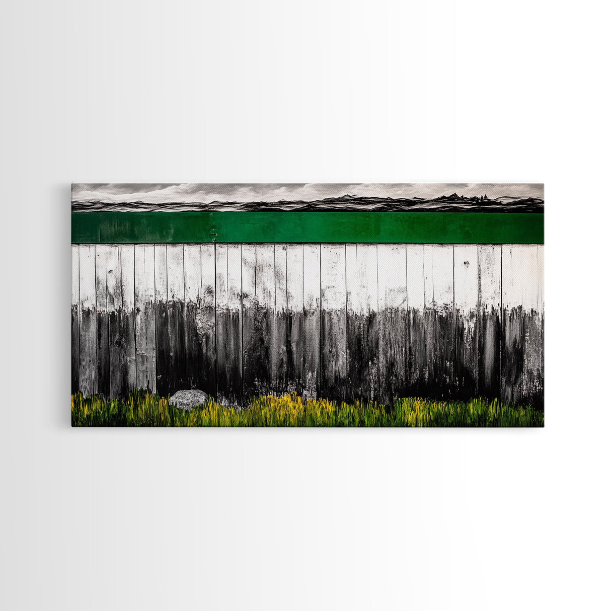 Rustic Fence, Green Landscape, Modern Country Art, Black and White with Color, Nature Inspired, Farmhouse Decor, Serene View, Canvas Print