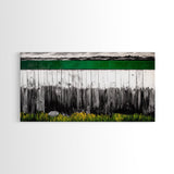 Rustic Fence, Green Landscape, Modern Country Art, Black and White with Color, Nature Inspired, Farmhouse Decor, Serene View, Canvas Print