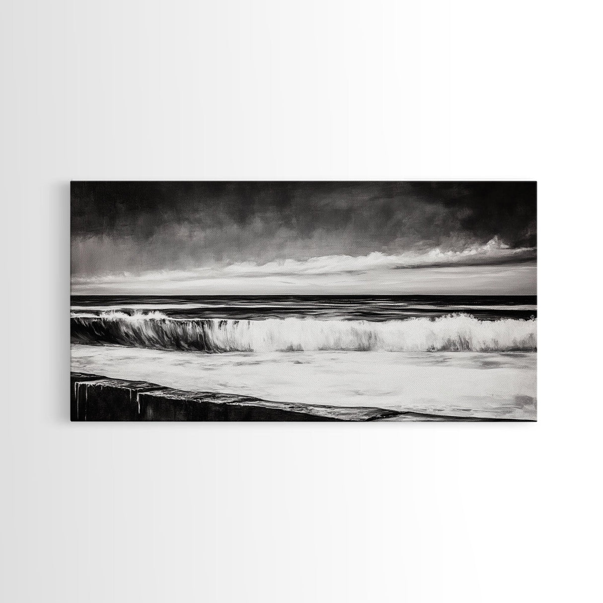 Monochrome Ocean, Rolling Waves, Black and White Beach Art, Framed Canvas Print, Minimalist Seascape, Coastal Wall Decor, Bedroom Art