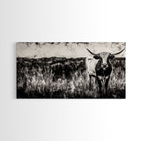 Texas Longhorn, Rustic Farmhouse, Black and White Western Art, Framed Canvas Print, Country Home Decor, Rustic Living Room Wall Art
