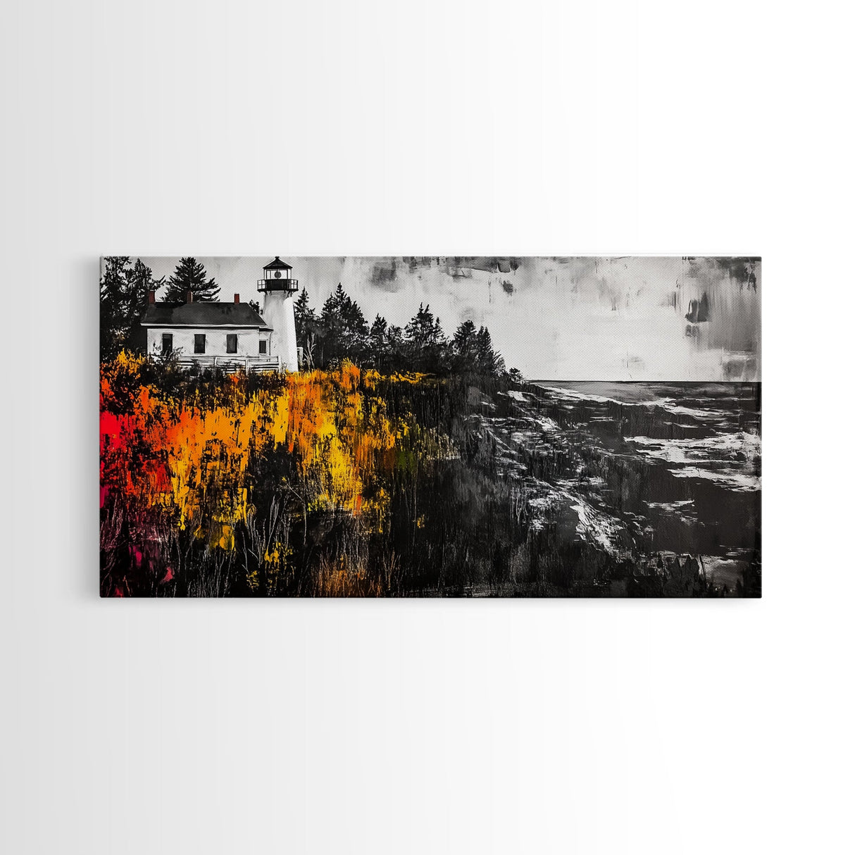 Lighthouse Cliff, Ocean Waves, Autumn Colors, Framed Canvas Print, Rustic Home Decor, Beach House Art, Nautical Wall Art, Fall Aesthetic