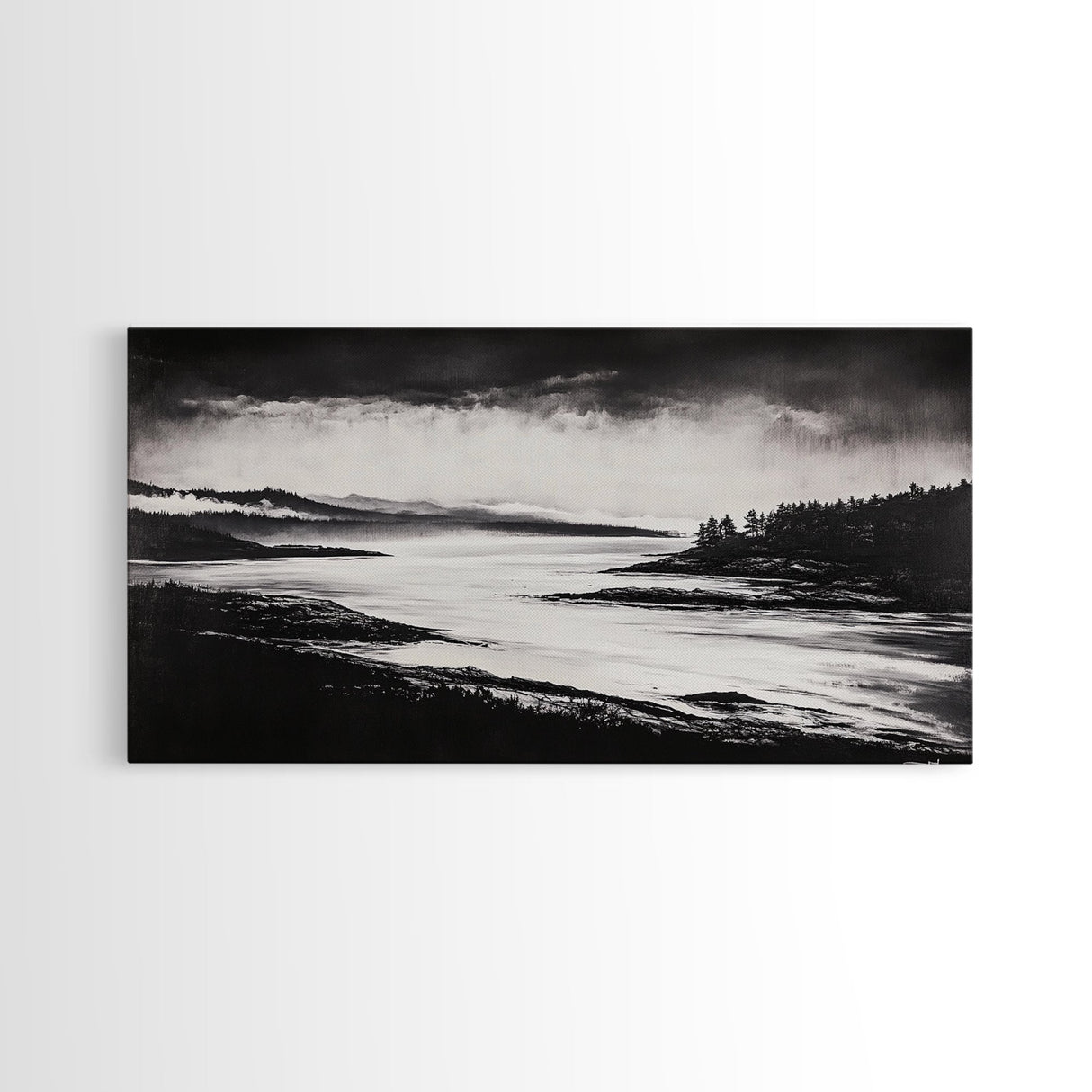 Serene Waters, Mountain Lake, Foggy Landscape, Canvas Print, Black and White Art, Minimalist Home Decor, Rustic Cabin Wall Art, Office Art