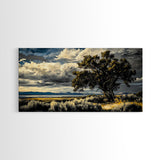 Solitary Tree, Dramatic Sky, Western Landscape, Rustic Nature, Southwest Art, Framed Canvas Print, Living Room Decor, Bold Earthy Painting