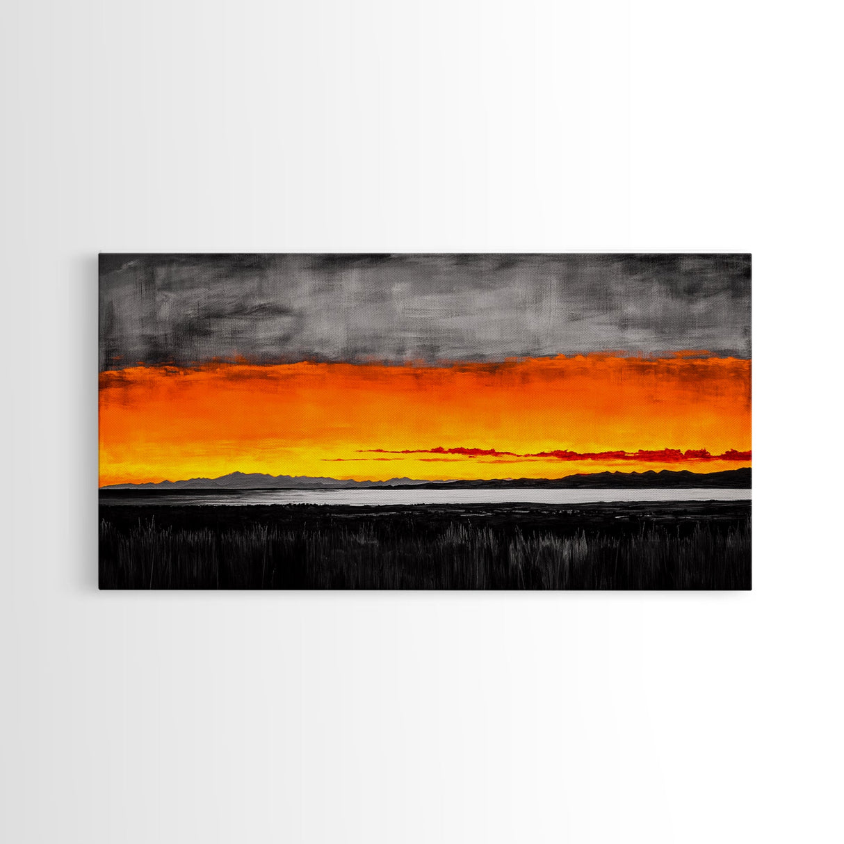 Sunset Glow, Dramatic Sky, Scenic Landscape, Bold Colors, Rustic Nature, Framed Canvas Print, Fall Decor, Living Room Wall Art