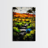 Tropical Landscape, Palm Trees, Sunset Glow, Framed Canvas Print, Vibrant Wall Art, Living Room Decor, Modern Colorful Art, Nature Scene