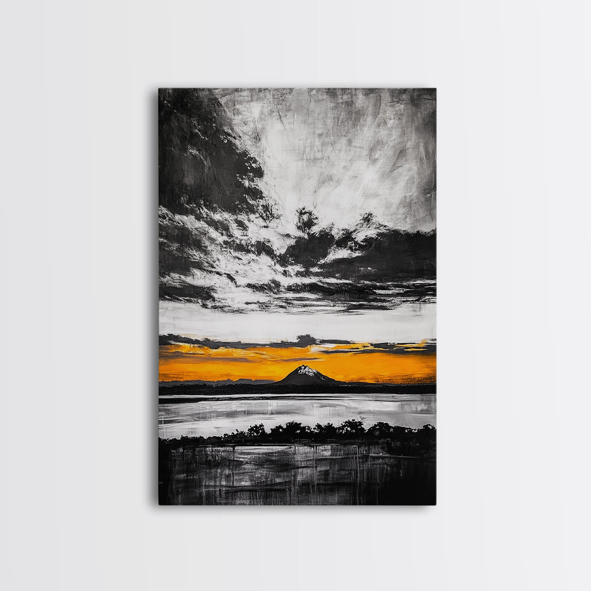 Volcanic Sunset, Black and White, Dramatic Sky, Framed Canvas Print, Moody Wall Art, Modern Landscape, Office Decor, Nature Aesthetic