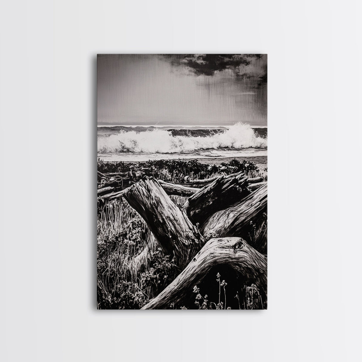Ocean Waves, Stormy Sky, Framed Canvas Print, Coastal Wall Art, Black and White Seascape, Beach House Decor, Nautical Art, Modern Style