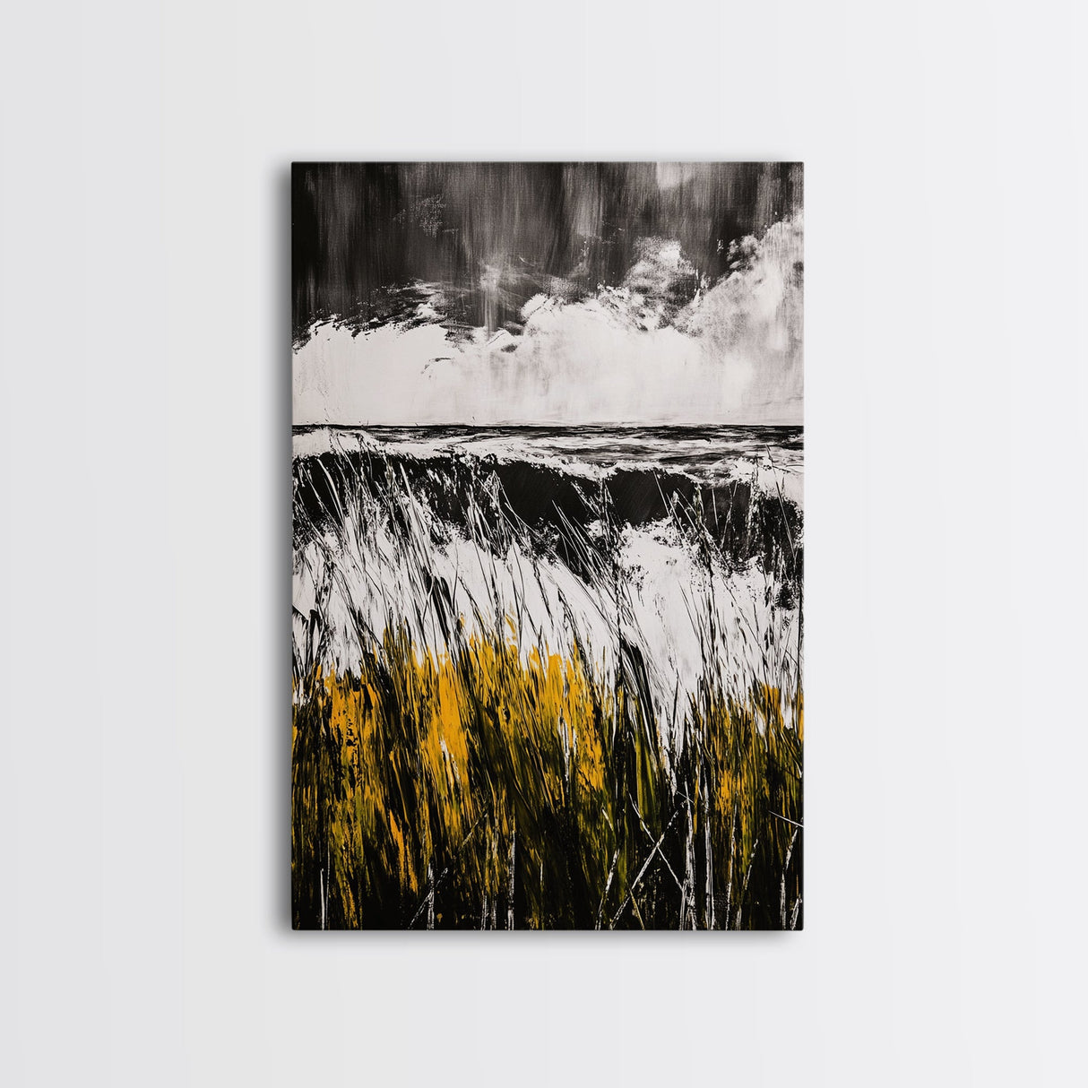 Ocean, Grass, Stormy Weather, Framed Canvas Print, Black and White Seascape, Modern Minimalist Art, Coastal Living, Neutral Wall Decor