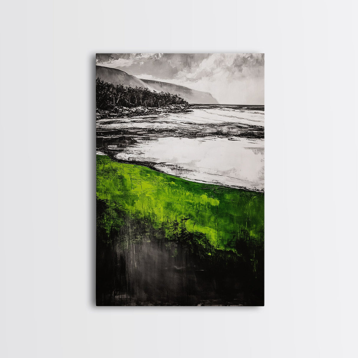 Green Coastal Hills, Ocean Shoreline Painting, Scenic Landscape Art, Office Wall Decor, Nature Inspired Print, Framed Canvas Print