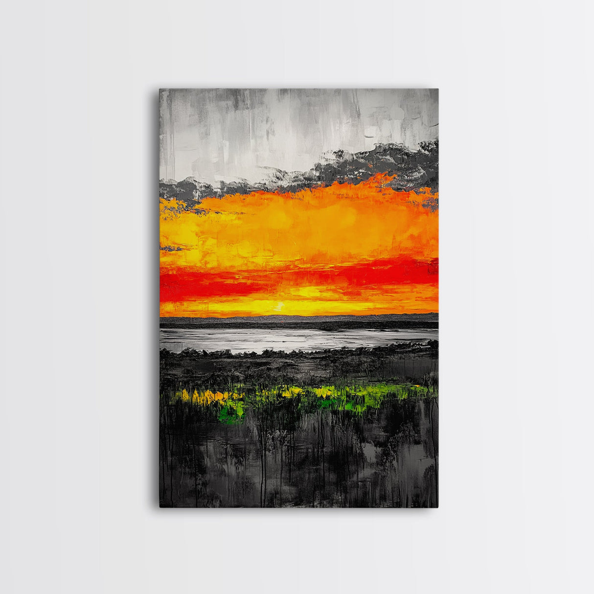 Fiery Sunset Glow, Dramatic Sky Painting, Vibrant Landscape Art, Living Room Decor, Bold Color Wall Art, Framed Canvas Print