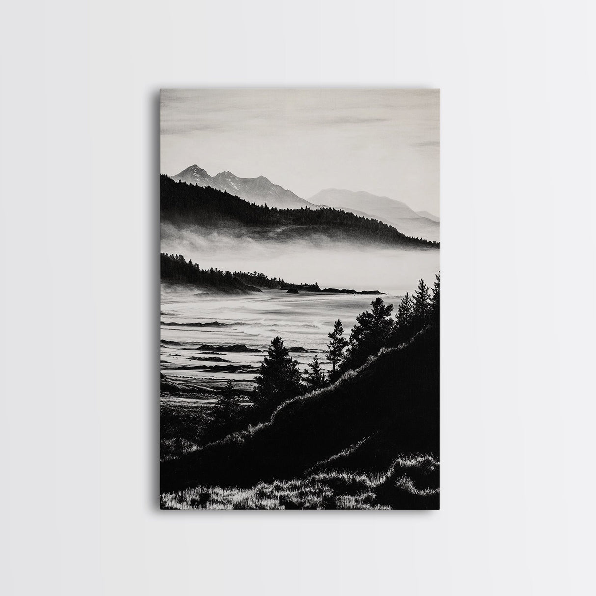 Misty Mountain, Black White Wall Art, Landscape Painting, Nature Artwork, Modern Home Decor, Minimalist Art, Framed Canvas Print