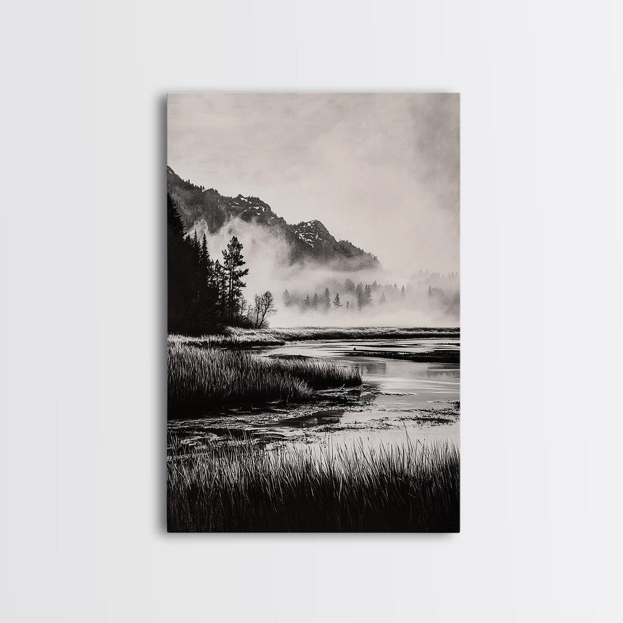 Foggy Forest, Monochrome Wall Art, Nature Landscape, Tranquil Painting, Living Room Decor, Rustic Style, Framed Canvas Print