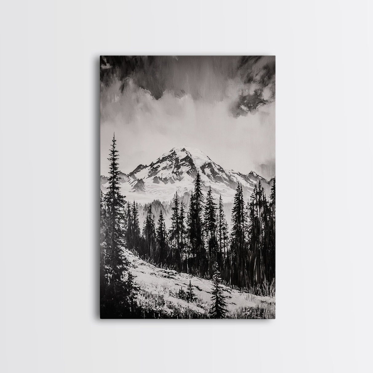 Snowy Peak, Mountain Landscape, Monochrome Art, Winter Wall Art, Nature Inspired, Rustic Wall Decor, Large Wall Art, Framed Canvas Print