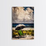 Seaside Relaxation Art, Green Beach Chair, Black White Umbrella, Ocean Scene, Serene Wall Decor, Nautical Home Artwork, Canvas Print