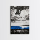 Blue Horizon, Ocean Landscape, Coastal Wall Art, Black and White Sky, Beach House Decor, Modern Art, Framed Canvas Print, Tranquil Design