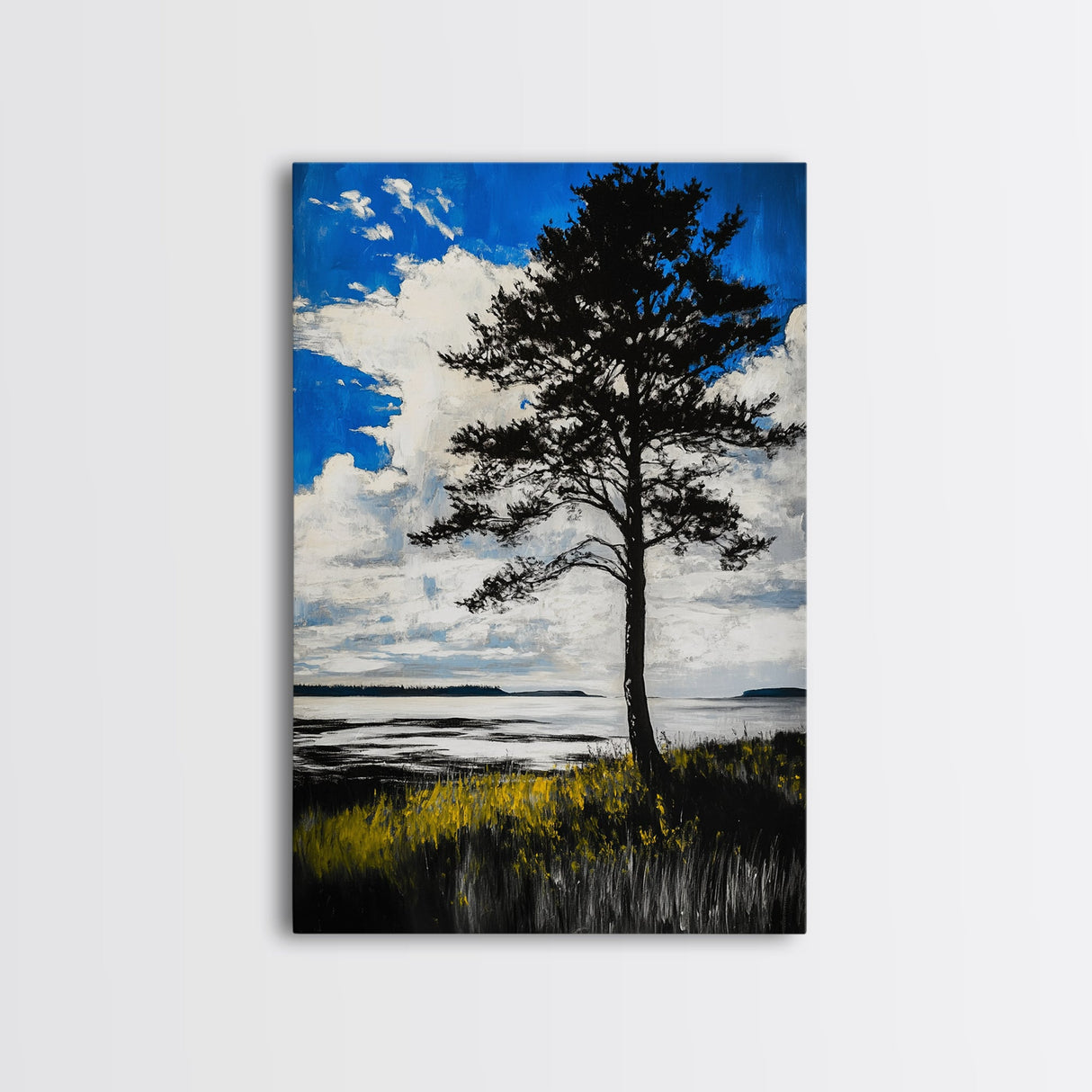 Lone Tree, Coastal Sunset, Blue Sky Painting, Black and White Landscape, Nature Art, Modern Wall Decor, Framed Canvas Print, Tranquil Mood