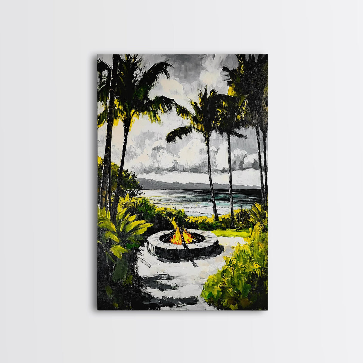 Palm Trees, Fire Pit, Coastal Escape, Beach House Decor, Black and White Art, Tropical Landscape, Canvas Print, Relaxing Wall Art