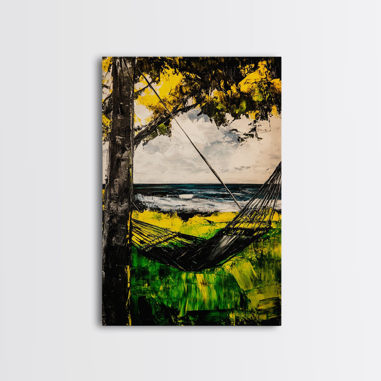 Hammock Breeze, Ocean View, Beach Retreat, Tropical Wall Art, Nature Decor, Black and White Painting, Framed Canvas Print, Coastal Vibes