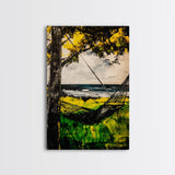 Hammock Breeze, Ocean View, Beach Retreat, Tropical Wall Art, Nature Decor, Black and White Painting, Framed Canvas Print, Coastal Vibes
