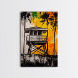 Lifeguard Tower, Beach House Art, Tropical Wall Art, Coastal Sunset, Vibrant Palm Trees, California Decor, Canvas Print, Living Room