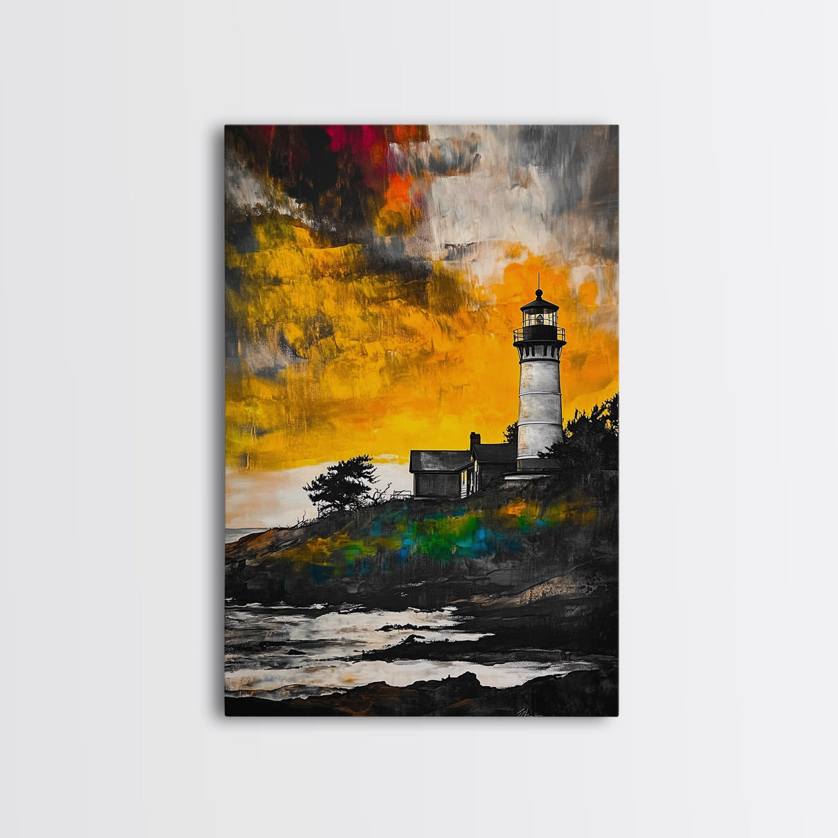 Sunset Lighthouse, Coastal Glow, Nautical Wall Art, Bold Seascape, Beach Home Decor, Warm Tones, Living Room, Canvas Print, Gift Idea