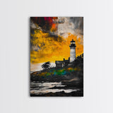 Sunset Lighthouse, Coastal Glow, Nautical Wall Art, Bold Seascape, Beach Home Decor, Warm Tones, Living Room, Canvas Print, Gift Idea