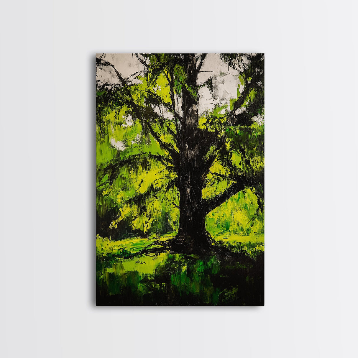 Majestic Tree, Forest Green, Nature Inspired, Framed Canvas Print, Botanical Wall Art, Office Wall Decor, Boho Landscape