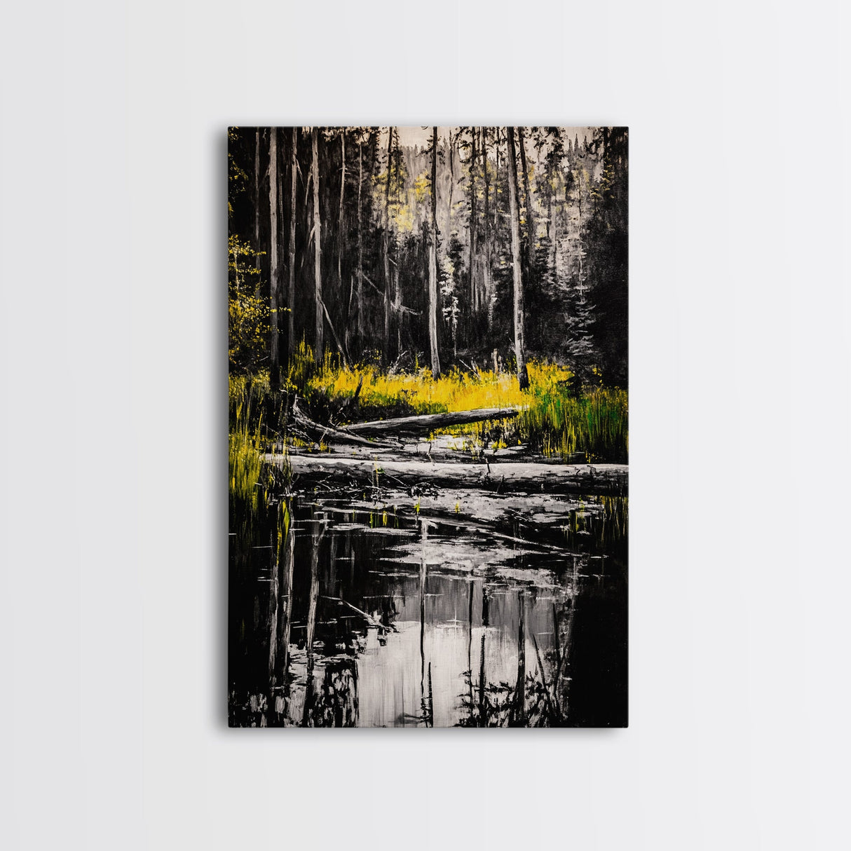 Forest Reflection, Black and White Landscape, Rustic Home Art, Nature Inspired Painting, Cabin Wall Decor, Framed Canvas Print