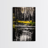 Forest Reflection, Black and White Landscape, Rustic Home Art, Nature Inspired Painting, Cabin Wall Decor, Framed Canvas Print