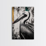 Pelican Portrait, wildlife wall art, coastal nature painting, black and white bird decor, modern beach house print, framed canvas print