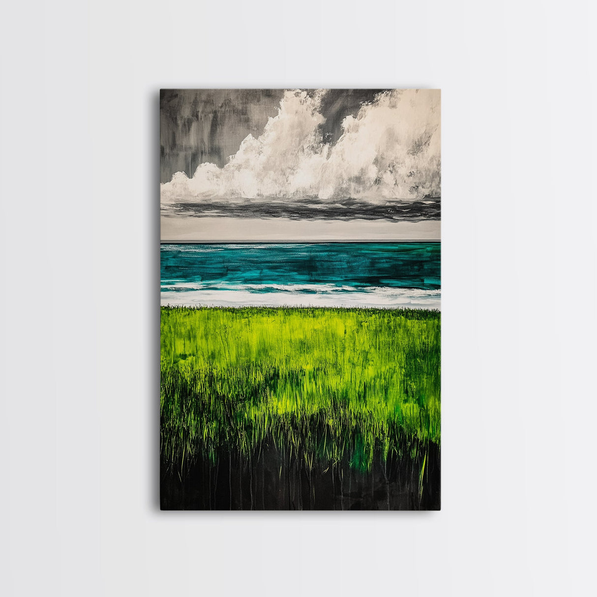 Coastal Landscape Art, Green Blue Ocean, Canvas Print, Serene Beach Wall Decor, Minimalist Nature Painting, Tranquil Home Accent