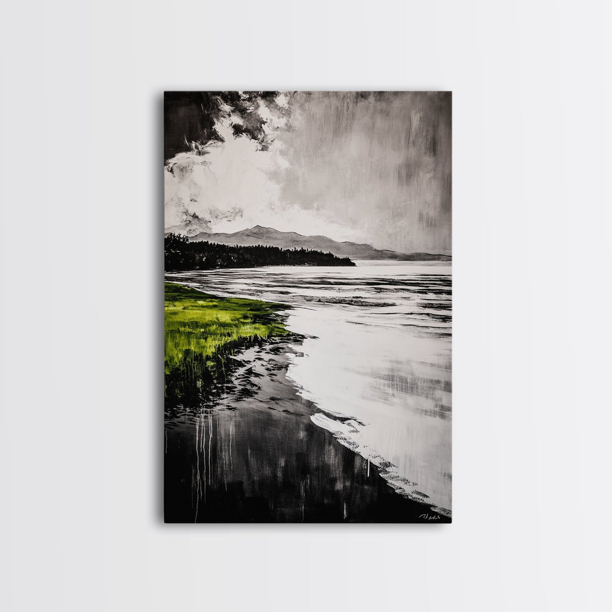 Moody Lake Scene, Black White Green, Framed Canvas Print, Nature Landscape Painting, Serene Wall Art, Contemporary Home Decor