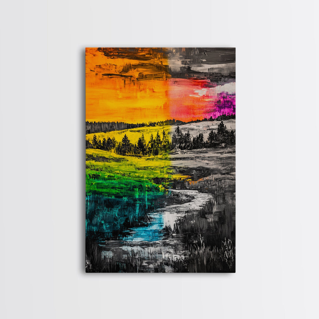 Vibrant Sunset, Colorful Landscape, Bold Abstract Art, Nature Inspired, Modern Painting, Framed Canvas Print, Living Room Wall Decor