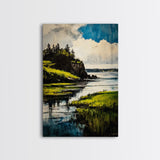 Lake Serenity, Peaceful Waters, Scenic Landscape, Nature Wall Art, Vibrant Green and Blue, Framed Canvas Print, Relaxing Home Decor