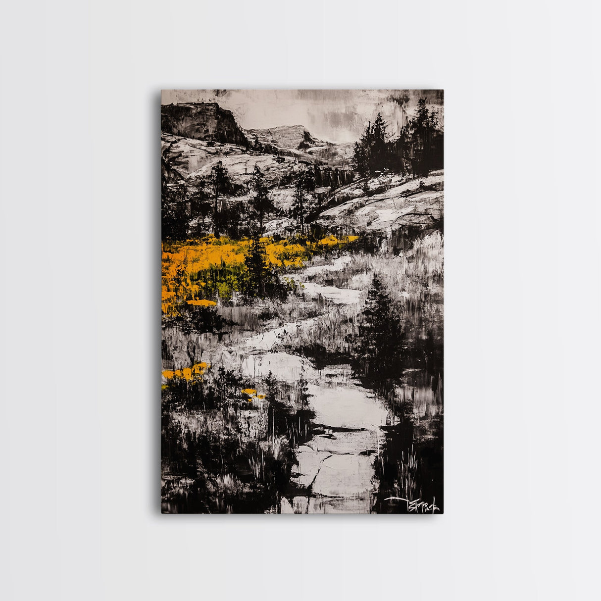 Mountain Path, Black and White Landscape, Dramatic Nature Painting, Wilderness Wall Art, Framed Canvas Print, Rustic Lodge or Office Decor