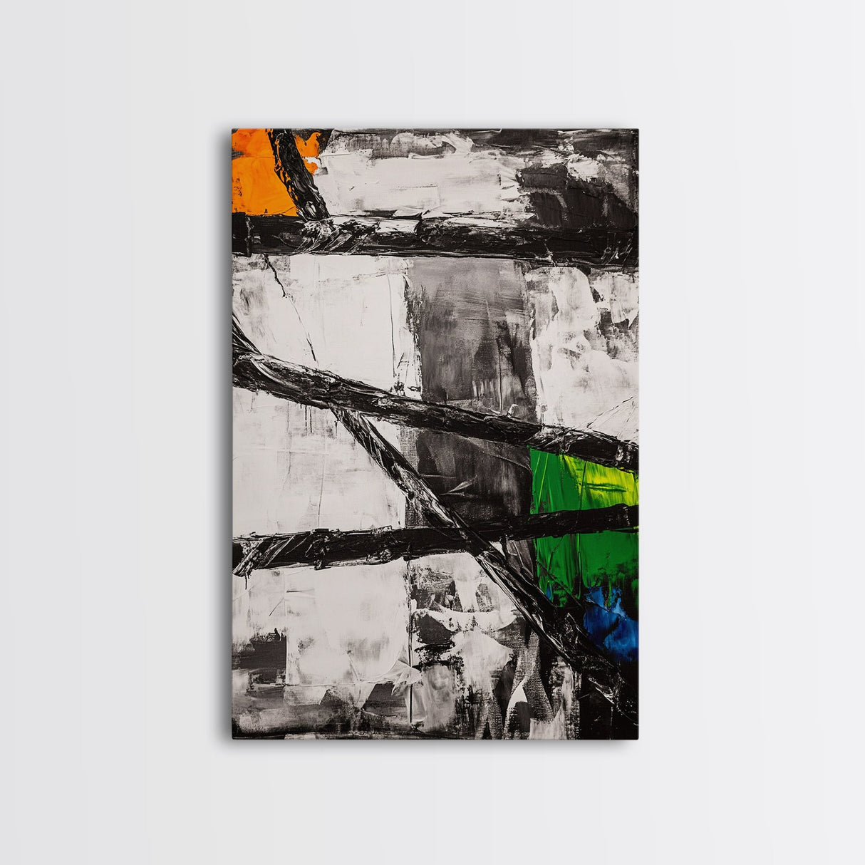 Geometric Abstract, Black and White with Green and Yellow Accents, Modern Minimalist Wall Art, Framed Canvas Print, Office or Loft Decor