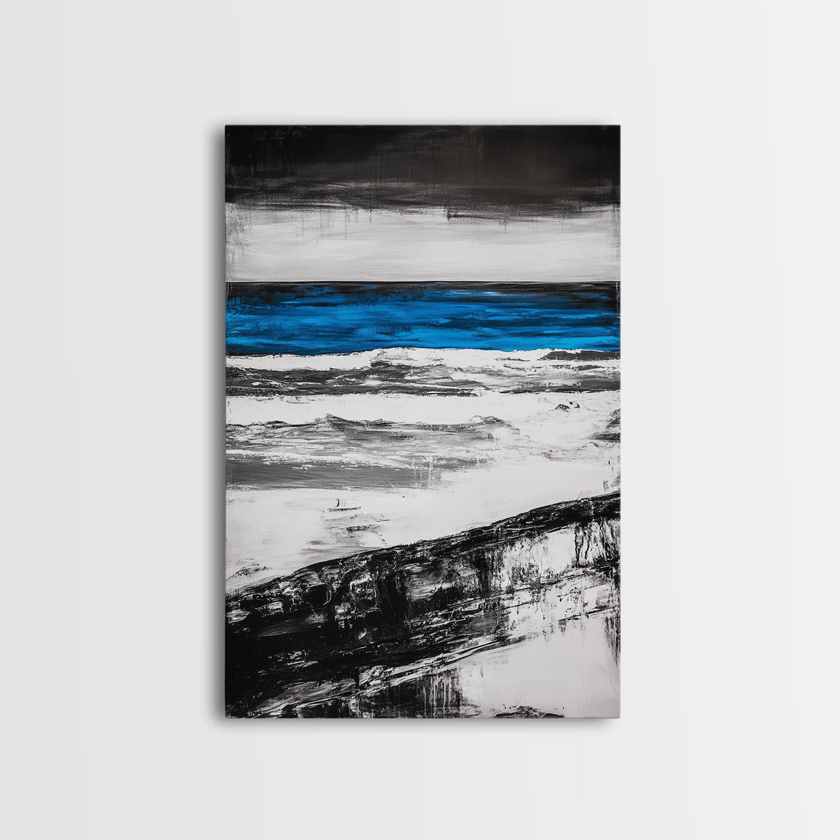 Ocean Horizon, Minimalist Seascape Painting, Black White and Blue Coastal Art, Framed Canvas Print, Modern Living Room or Office Wall Decor