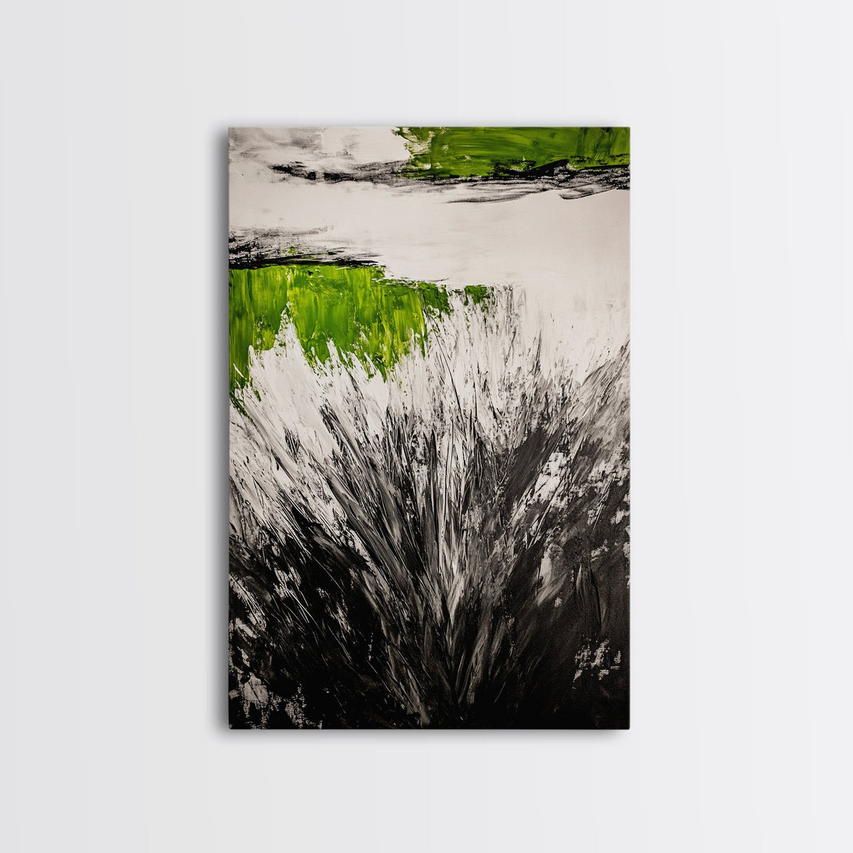 Wild Grass, Black and White with Green Accents, Abstract Nature Painting, Framed Canvas Print, Rustic Farmhouse or Living Room Decor