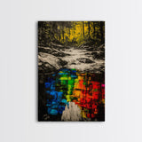 Forest Reflection, Black and White with Vibrant Colors, Abstract Waterfall Painting, Framed Canvas Print, Nature Lover’s Wall Art