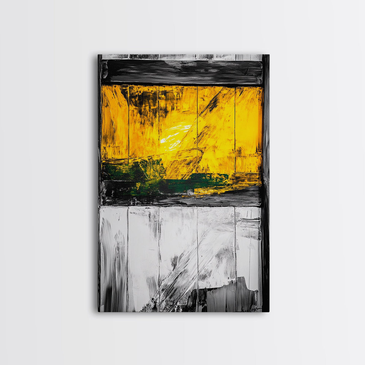 Golden Window, Abstract Rustic Wall Art, Black and White with Yellow Accents, Framed Canvas Print, Farmhouse or Entryway Wall Decor