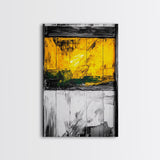 Golden Window, Abstract Rustic Wall Art, Black and White with Yellow Accents, Framed Canvas Print, Farmhouse or Entryway Wall Decor