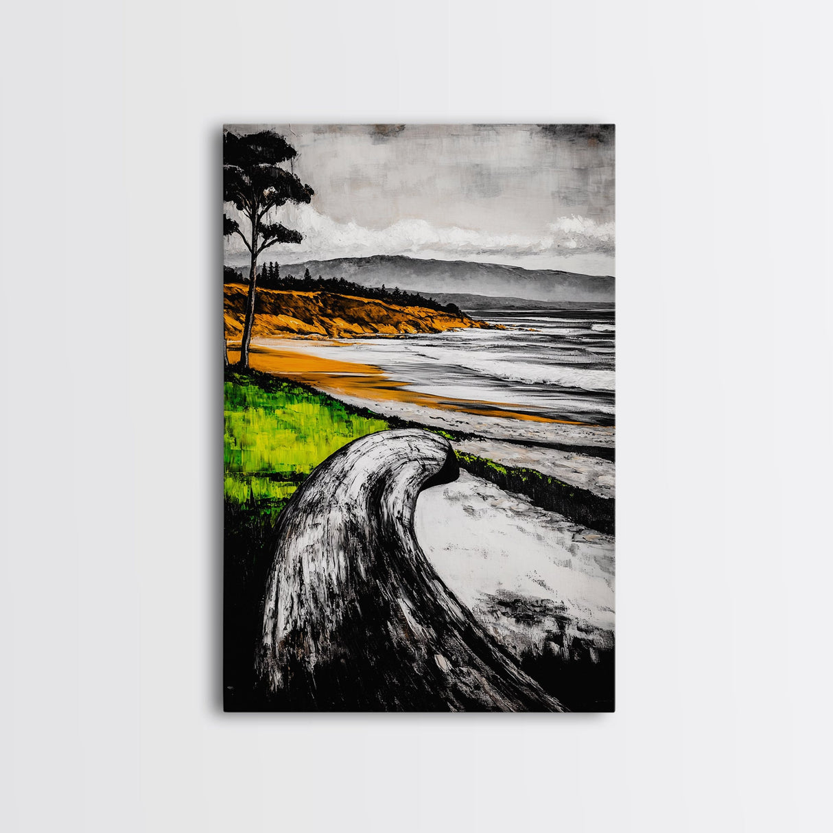 Driftwood Shore, Ocean Beach Wall Art, Modern Coastal Decor, Nature Seascape Print, Tranquil Waves, Framed Canvas Print