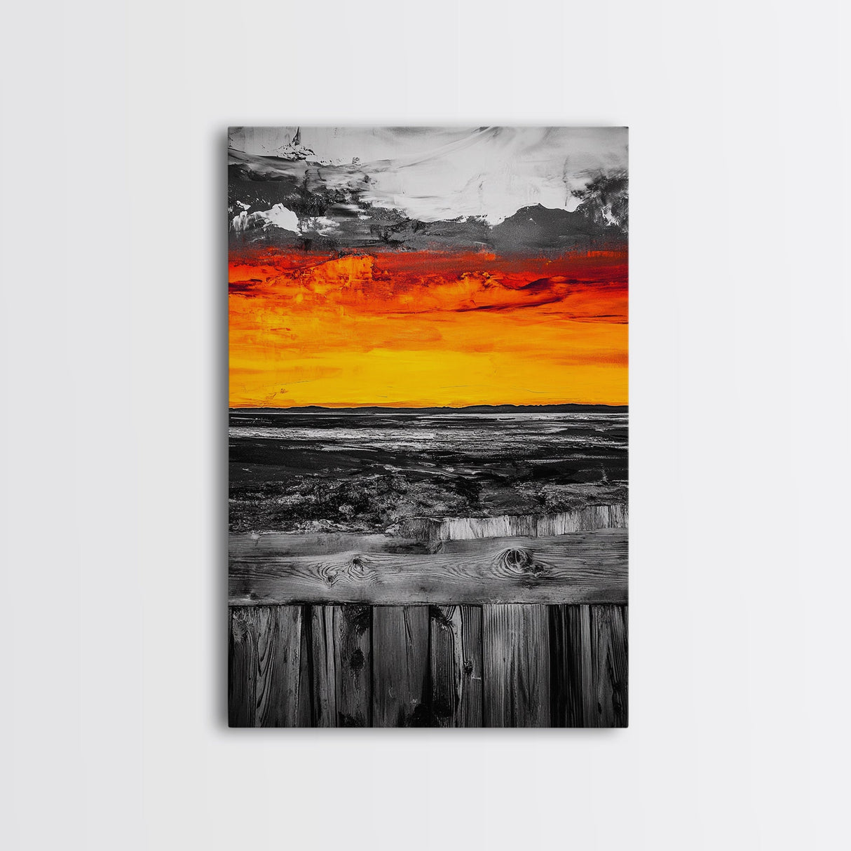 Sunset Landscape, Rustic Fence, Fiery Sky Art, Bold Color Wall Art, Abstract Nature Scene, Canvas Print, Boho Home Decor