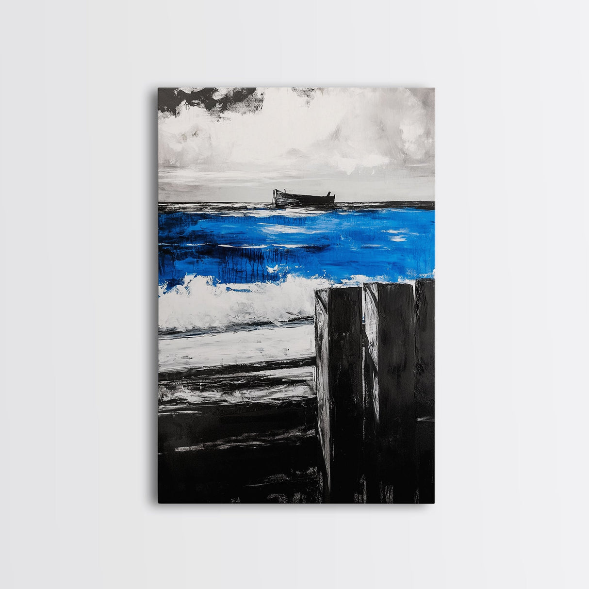 Shipwreck, Abandoned Boat, Blue Ocean, Dramatic Scene, Framed Canvas Print, Rustic Wall Art, Nautical Decor, Adventure Themed Art
