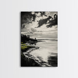 Moody Landscape, Black and White Art, Dramatic Sky, Coastal Scene, Nature Painting, Modern Home Decor, Minimalist Style, Framed Canvas Print