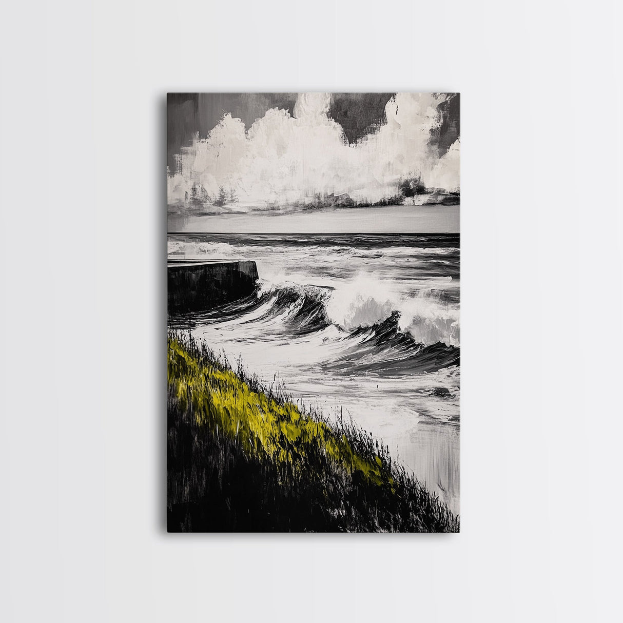 Ocean Waves Art, Black and White Seascape, Coastal Home Decor, Minimalist Beach Scene, Tranquil Water Wall Print, Framed Canvas Print