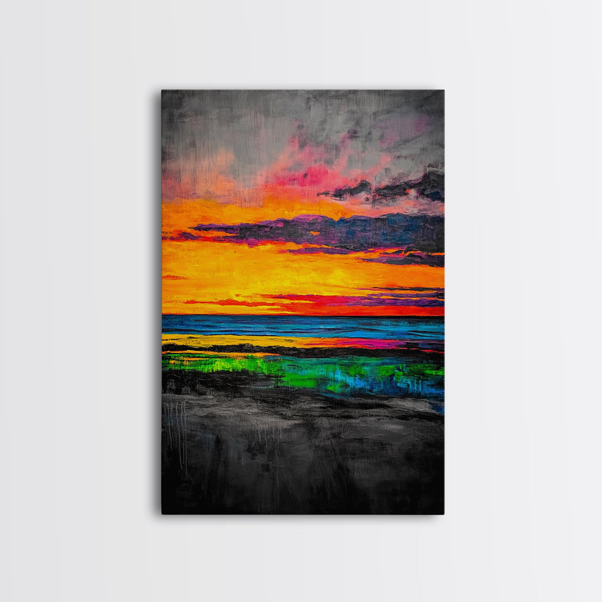 Sunset Glow, Vibrant Landscape, Nature Art, Framed Canvas Print, Dramatic Sky Painting, Fall Home Decor, Large Wall Art, Beach Scene