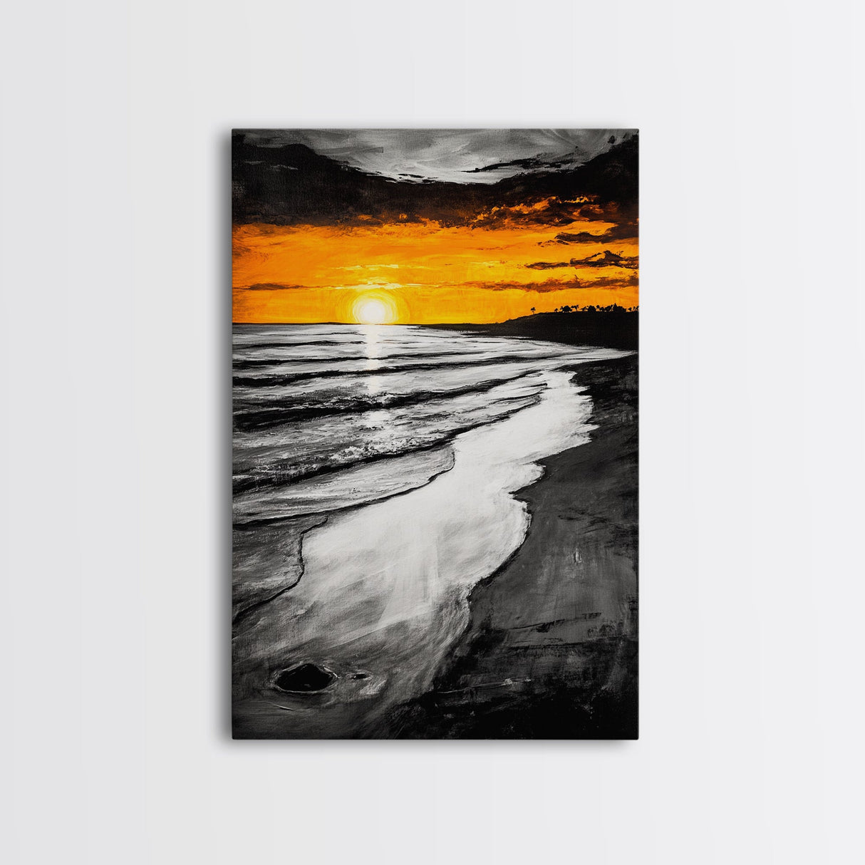 Golden Beach, Sunset Painting, Coastal Horizon, Framed Canvas Print, Seascape Art, Warm Fall Colors, Large Wall Art, Minimalist Style