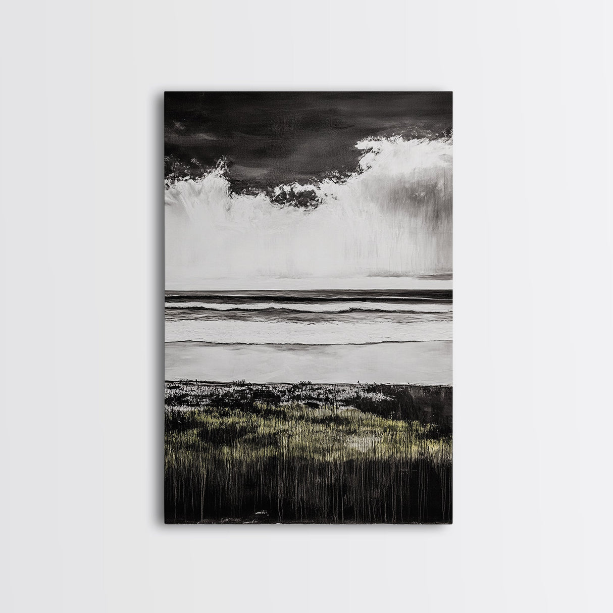 Stormy Beach, Coastal Wall Art, Black White Ocean, Framed Canvas Print, Dramatic Seascape, Nautical Home Decor, Modern Minimalist